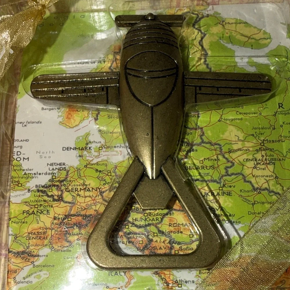 Gold Tone‎ Bottle Opener Gift Set Vintage Looking Airplane NEW in Box